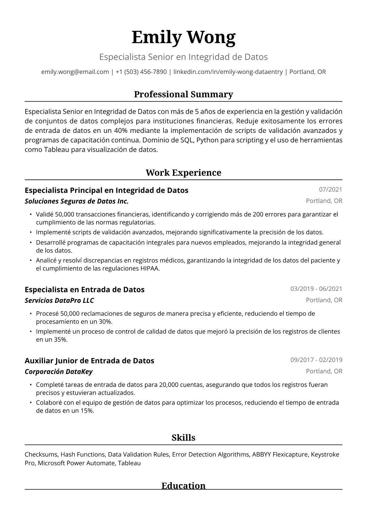 Ejemplo de Currículum de Digitadora de Datos