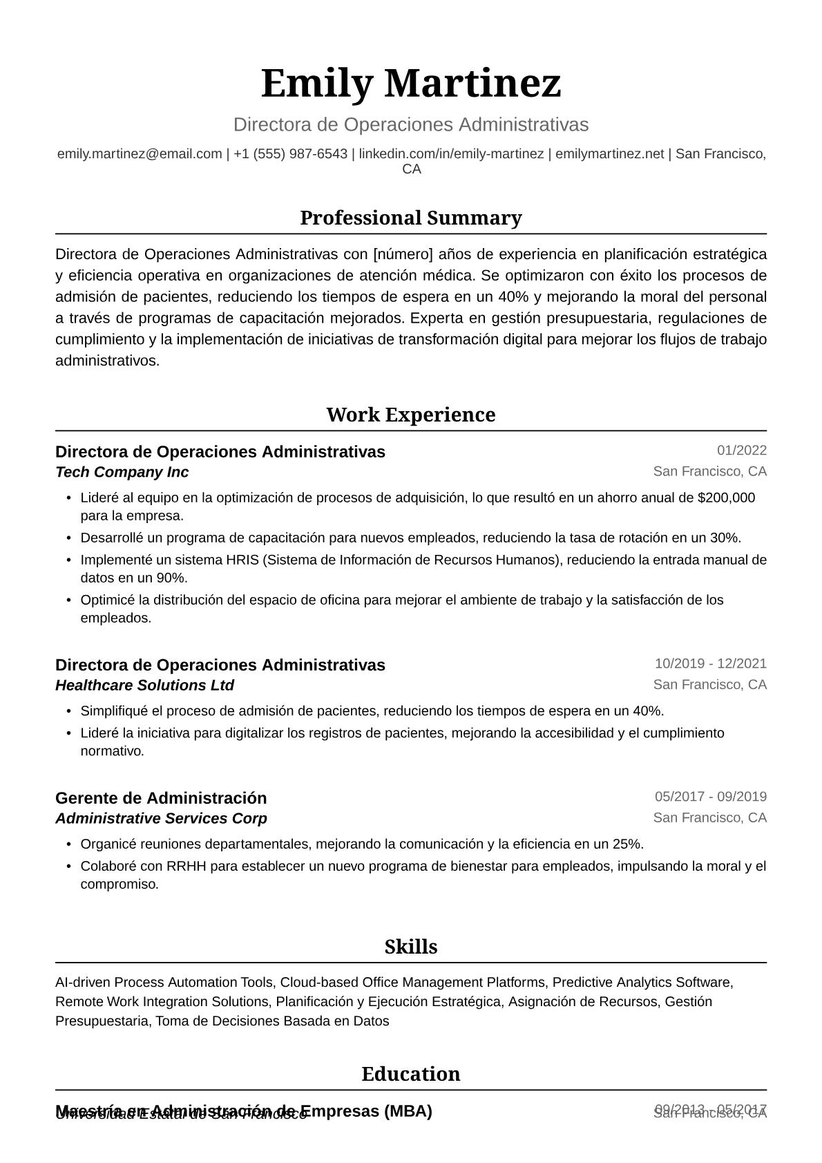 Ejemplo de Currículum de Directora de Administración
