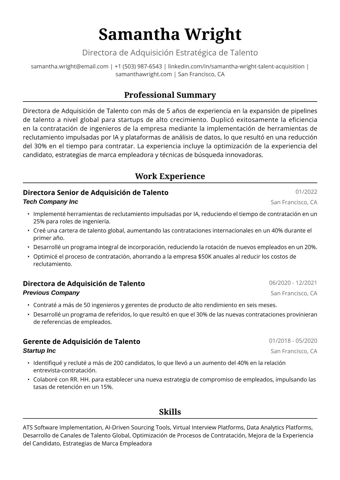 Ejemplo de Currículum de Directora de Adquisición de Talento