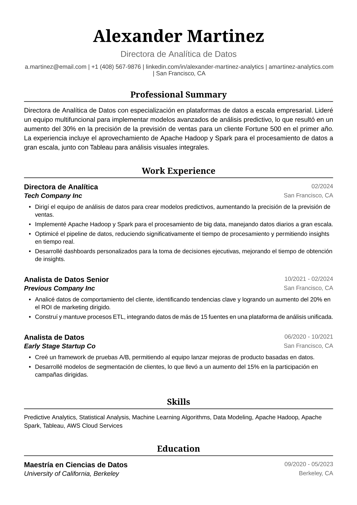 Ejemplo de Currículum de Directora de Analítica
