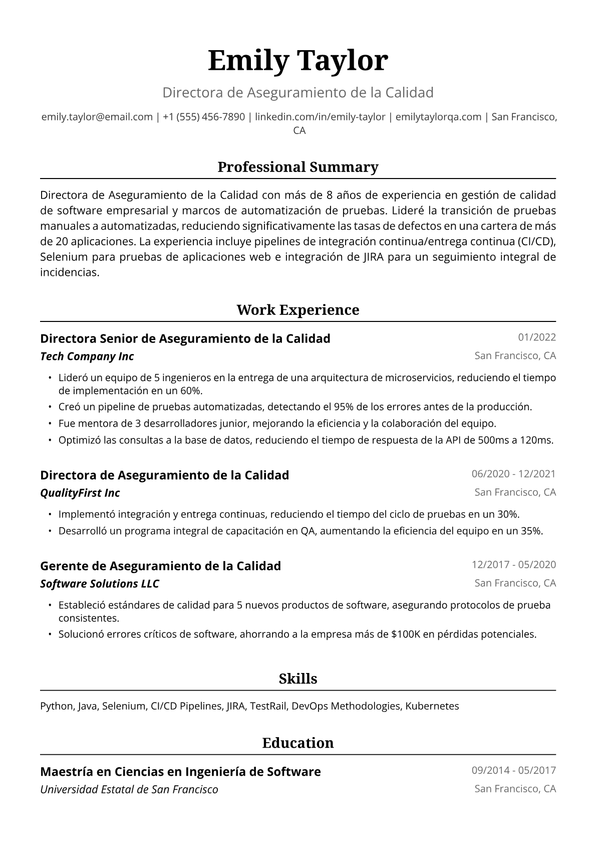 Ejemplo de Currículum de Directora de Aseguramiento de la Calidad