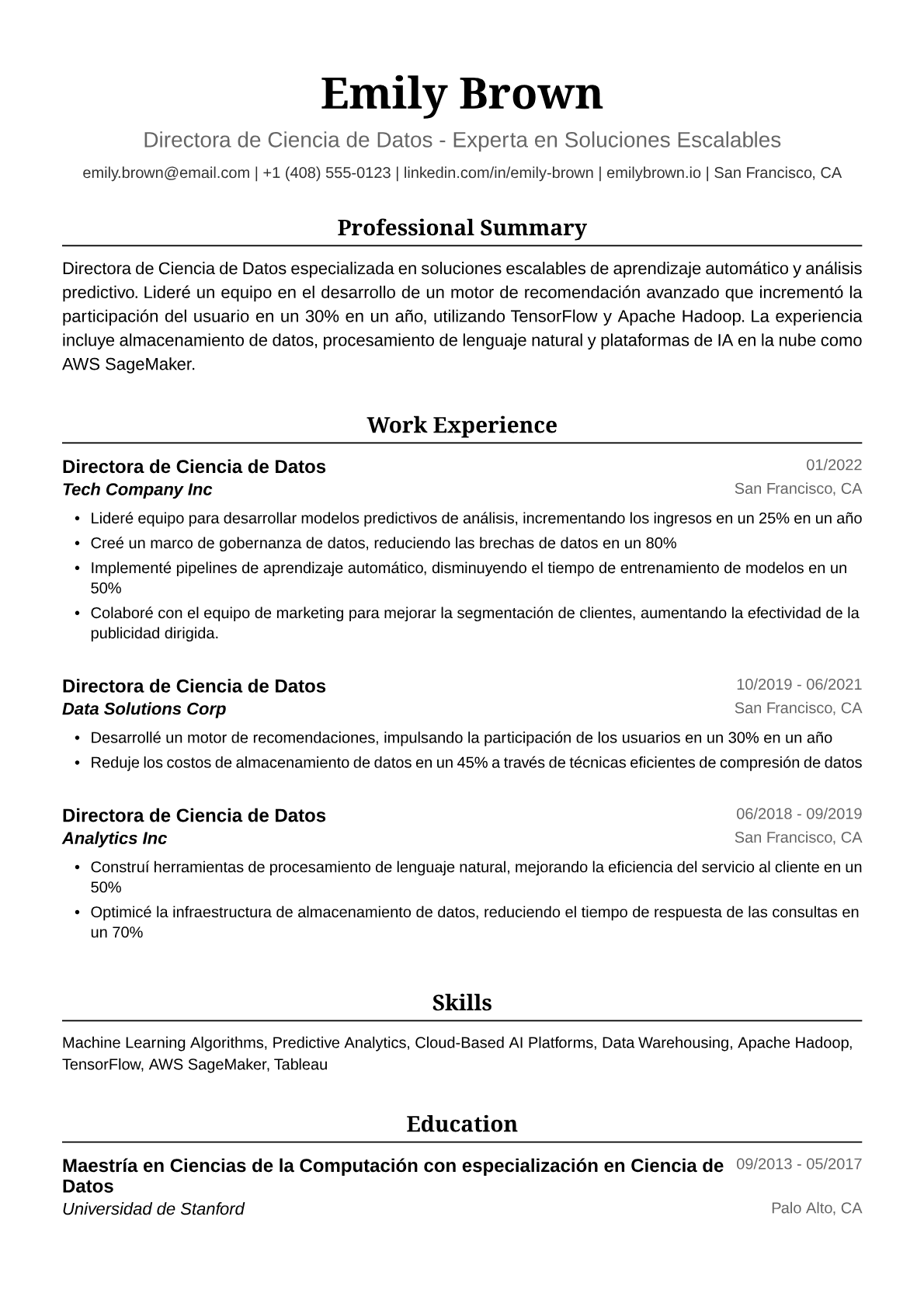 Ejemplo de Currículum para Directora de Ciencia de Datos