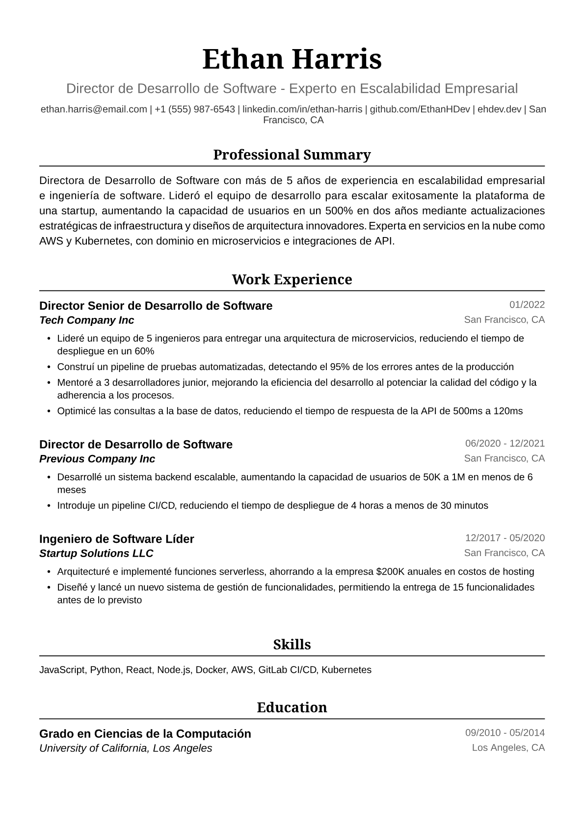 Ejemplo de Currículum Vitae de Directora de Desarrollo de Software