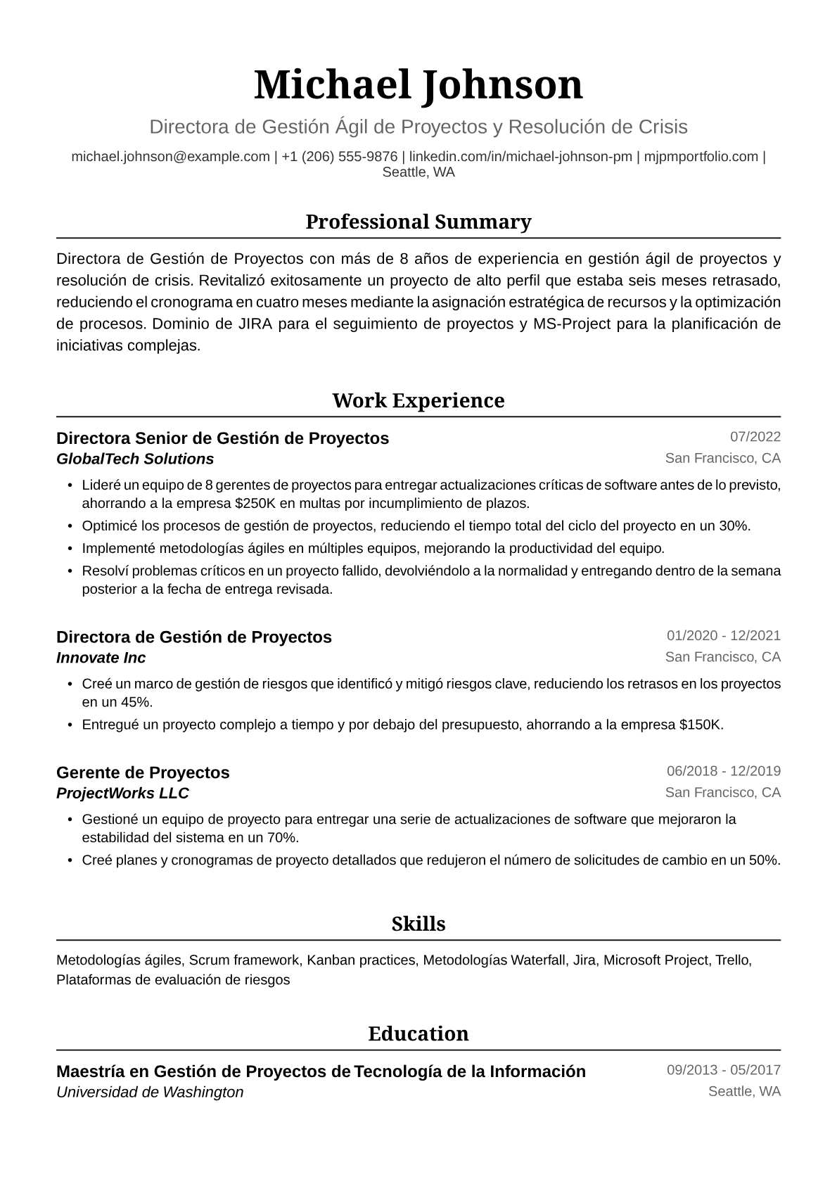 Ejemplo de Currículum Vitae para Directora de Gestión de Proyectos