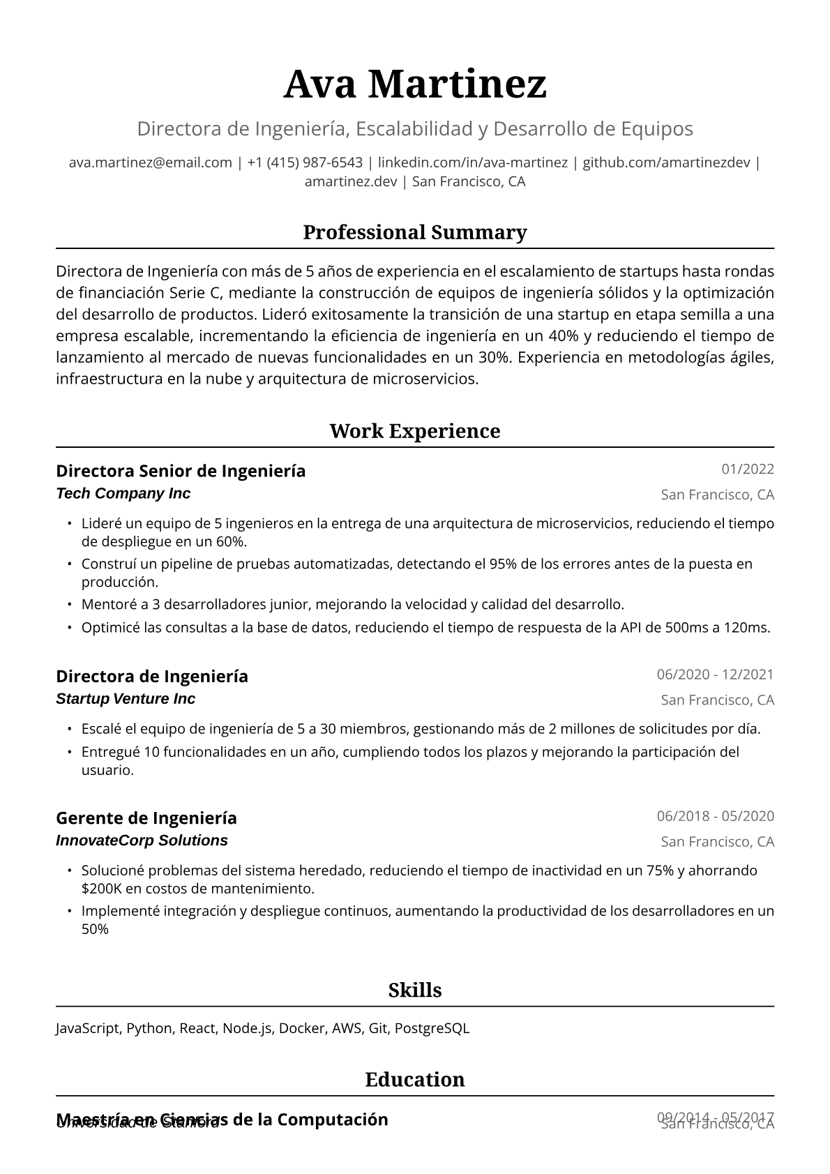 Ejemplo de Currículum Vitae de Directora de Ingeniería