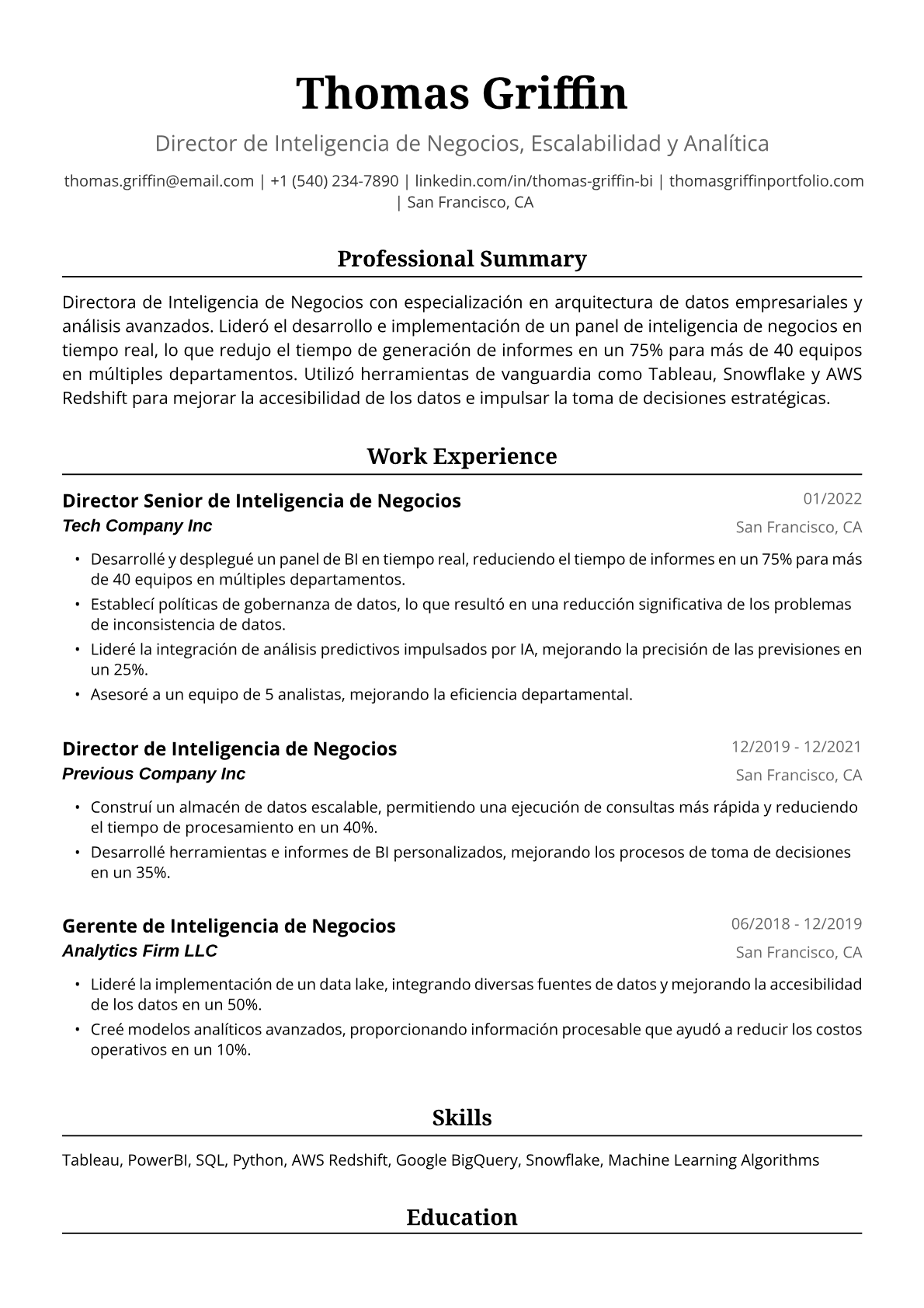 Ejemplo de Currículum Vitae de Directora de Inteligencia de Negocios