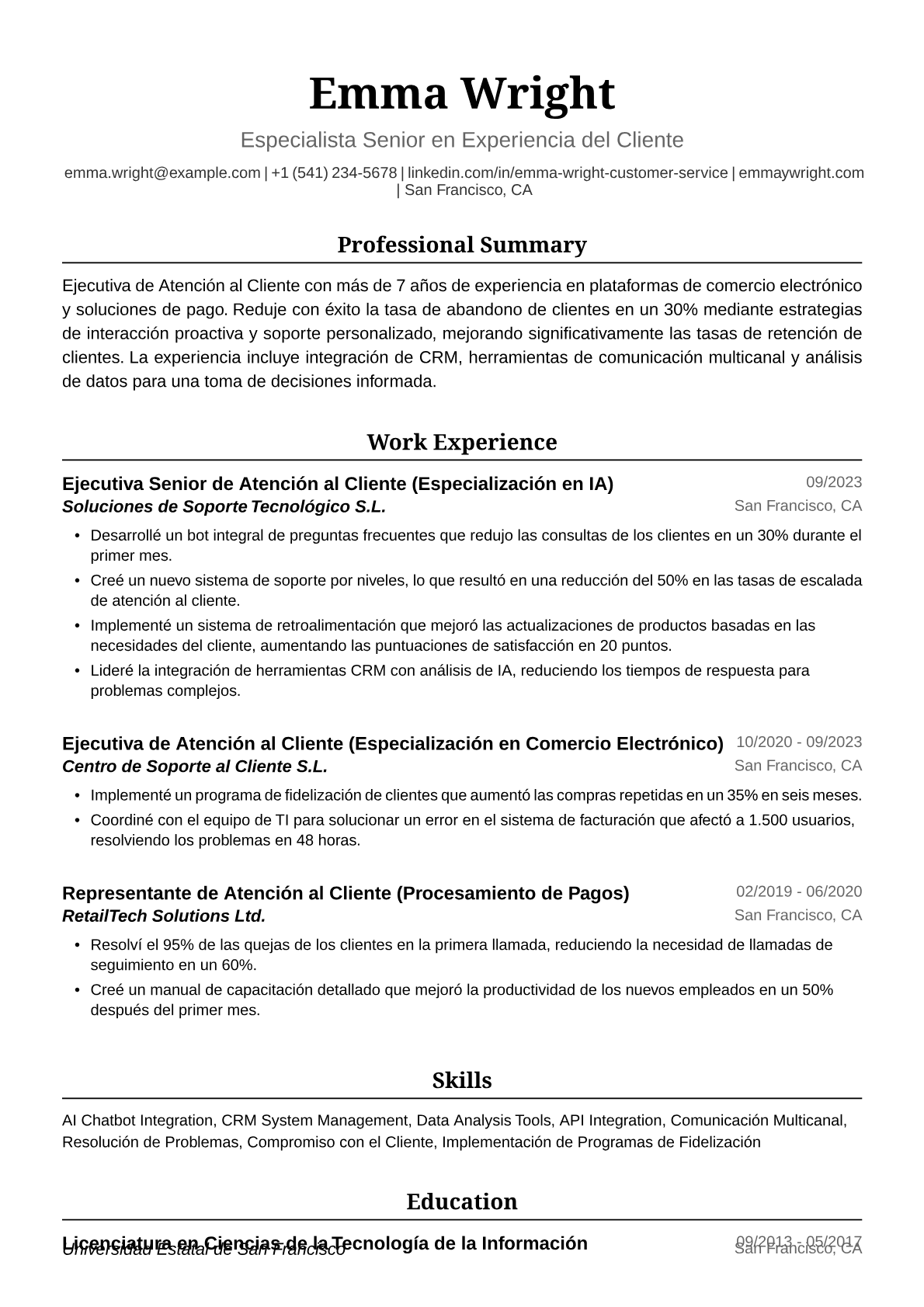 Ejemplo de Currículum para Ejecutiva de Atención al Cliente