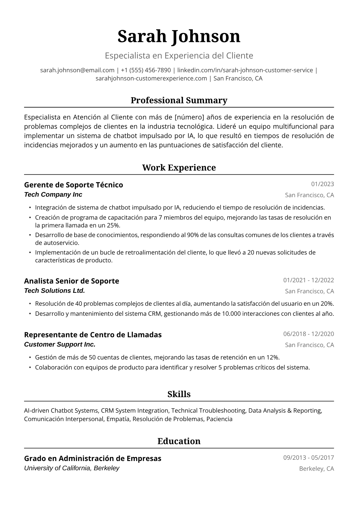 Ejemplo de Currículum de Especialista en Atención al Cliente