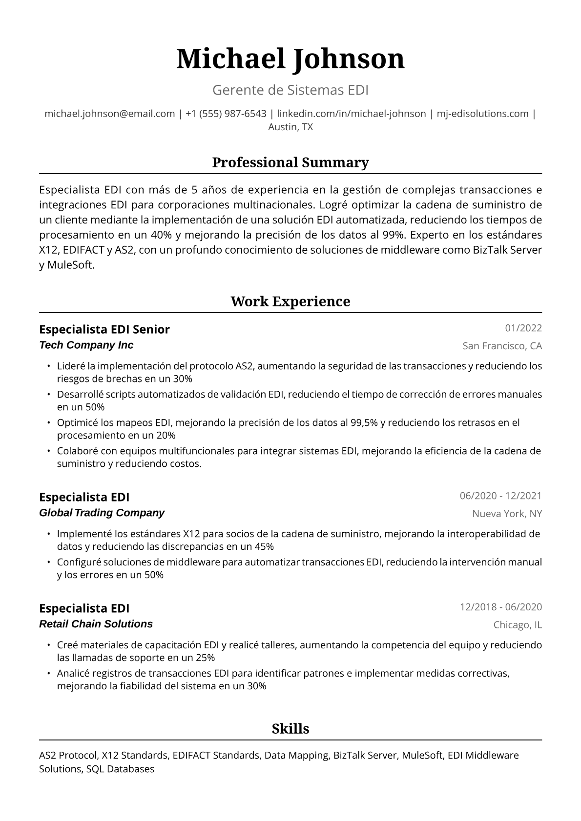 Ejemplo de Currículum de Especialista EDI