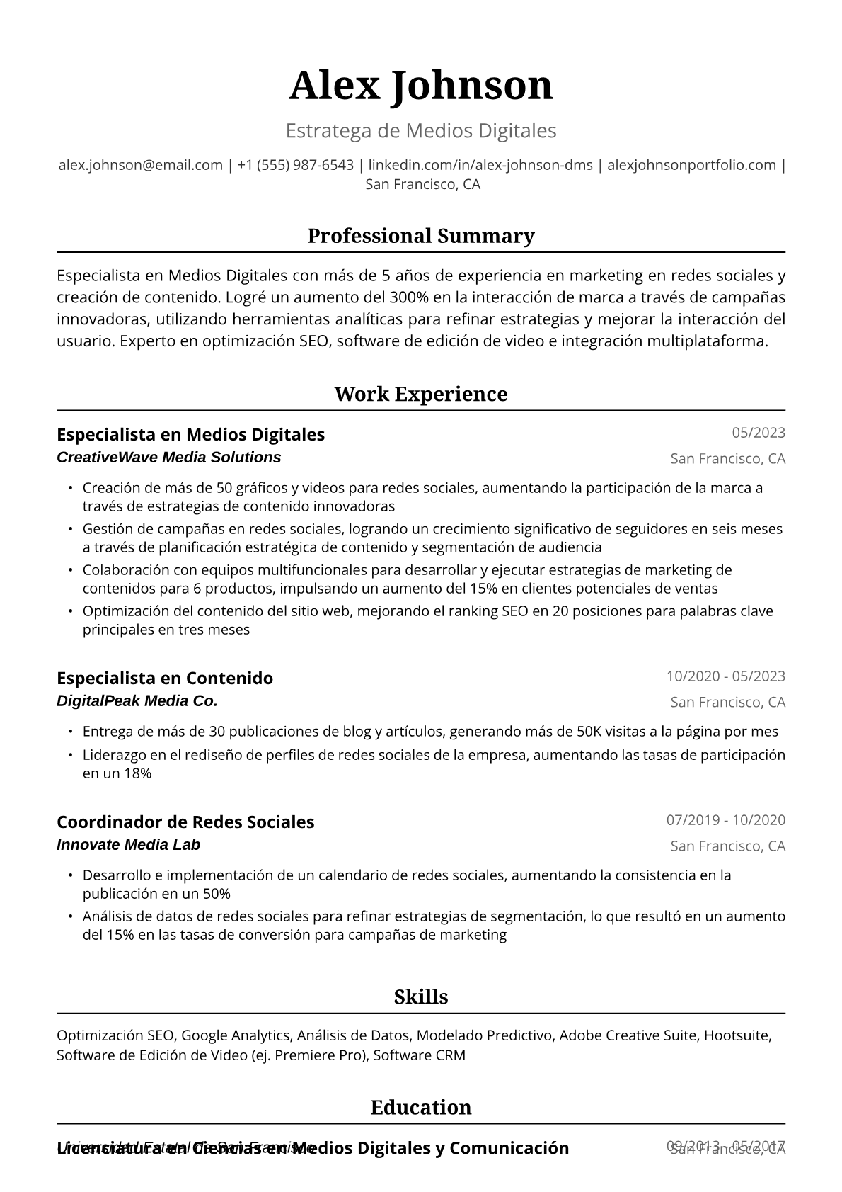 Ejemplo de Currículum Vitae de Especialista en Medios Digitales
