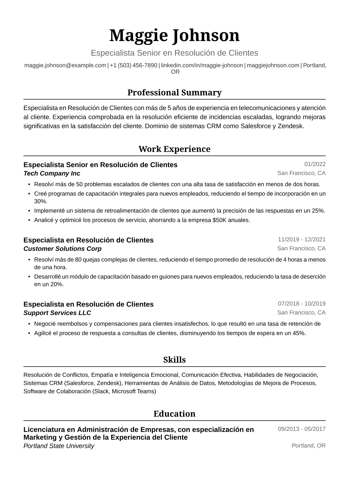 Ejemplo de Currículum de Especialista en Resolución de Clientes