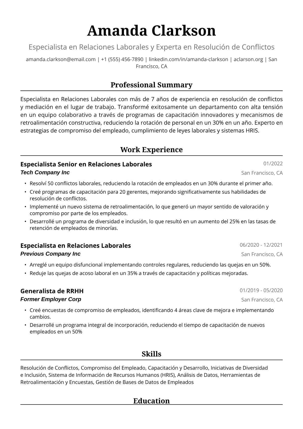 Ejemplo de Currículum de Especialista en Relaciones Laborales