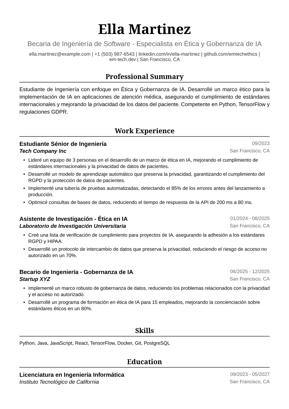 Ejemplo de Currículum para Estudiante de Ingeniería