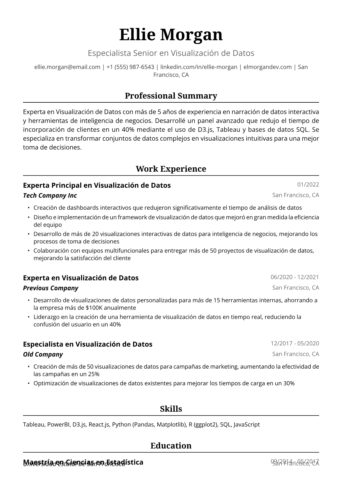 Ejemplo de Currículum Vitae de Experta en Visualización de Datos
