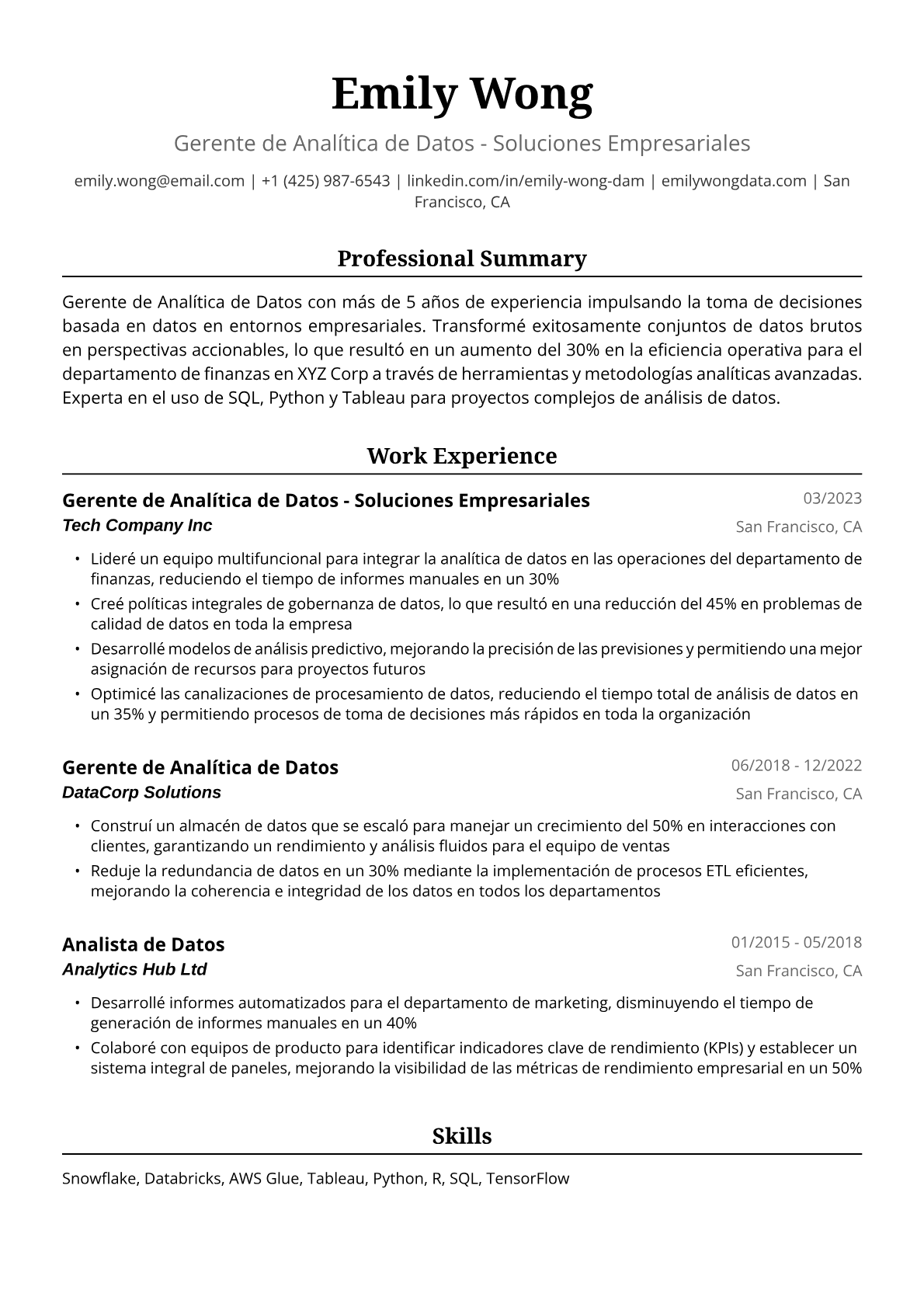 Ejemplo de Currículum para Gerenta de Analítica de Datos