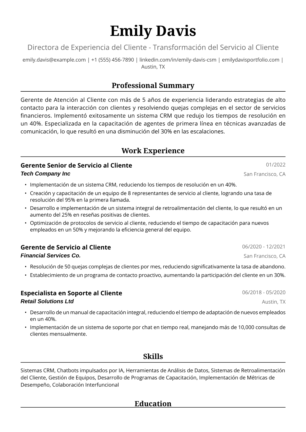 Ejemplo de Currículum de Gerenta de Atención al Cliente