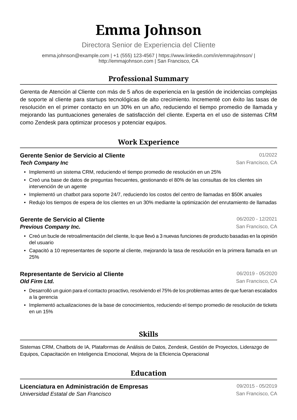 Ejemplo de Currículum de Gerenta de Atención al Cliente