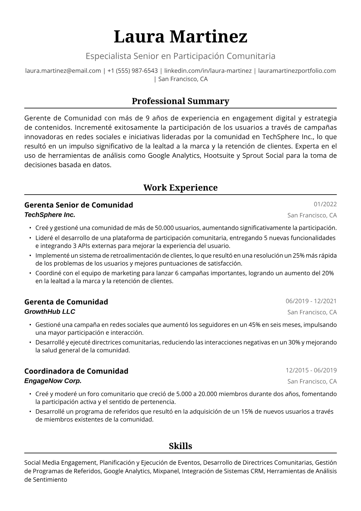 Ejemplo de Currículum de Gerenta de Comunidad