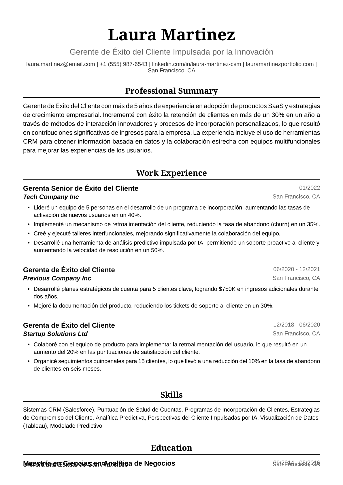 Ejemplo de Currículum de Gerenta de Éxito del Cliente