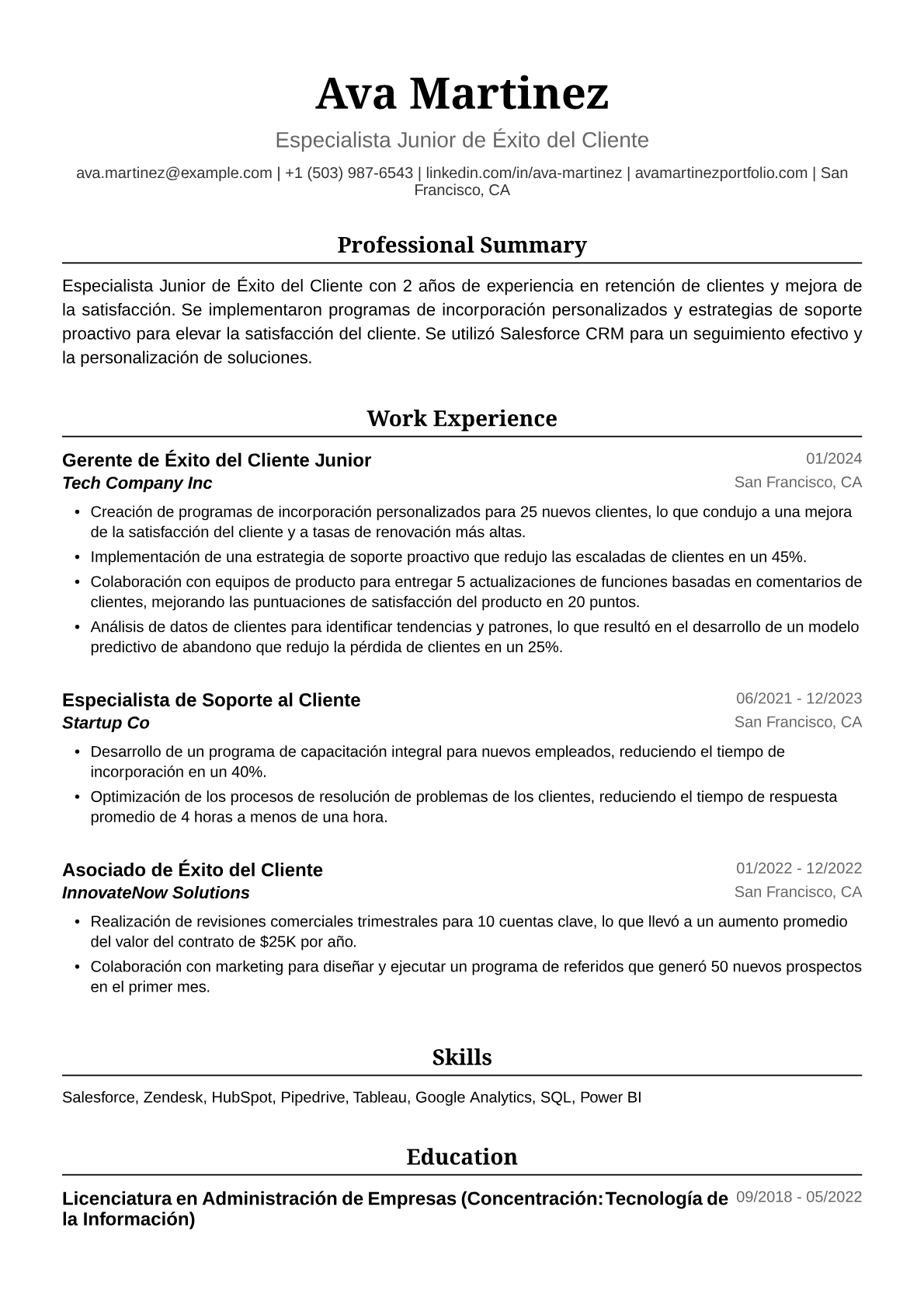Ejemplo de Currículum para Gerenta de Éxito del Cliente Junior