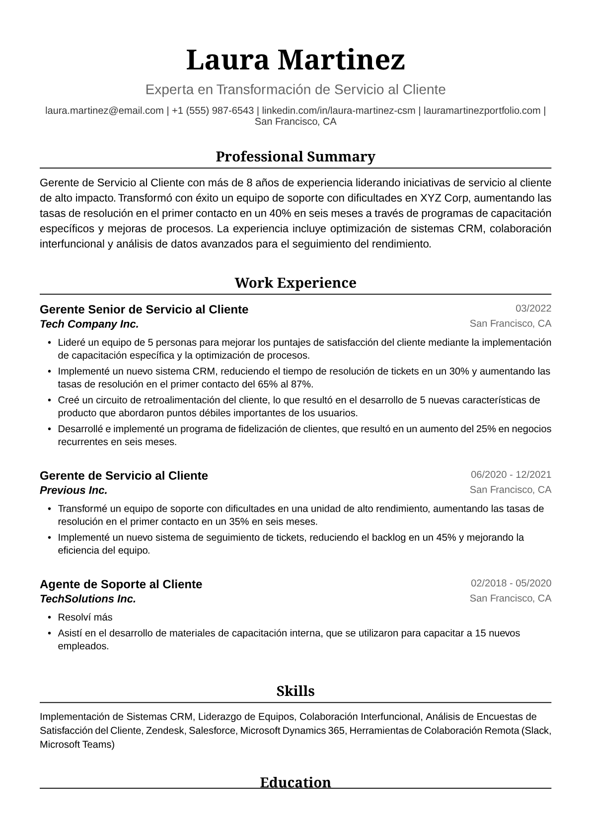 Ejemplo de Currículum para Gerenta de Servicio al Cliente