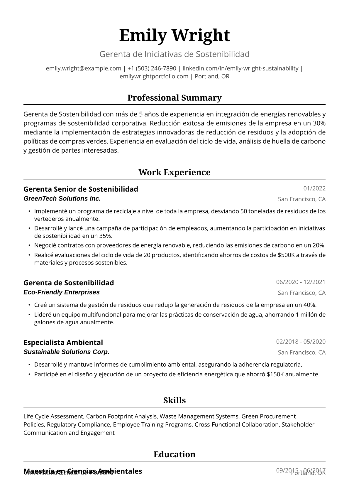 Ejemplo de Currículum Vitae de Gerente de Sostenibilidad