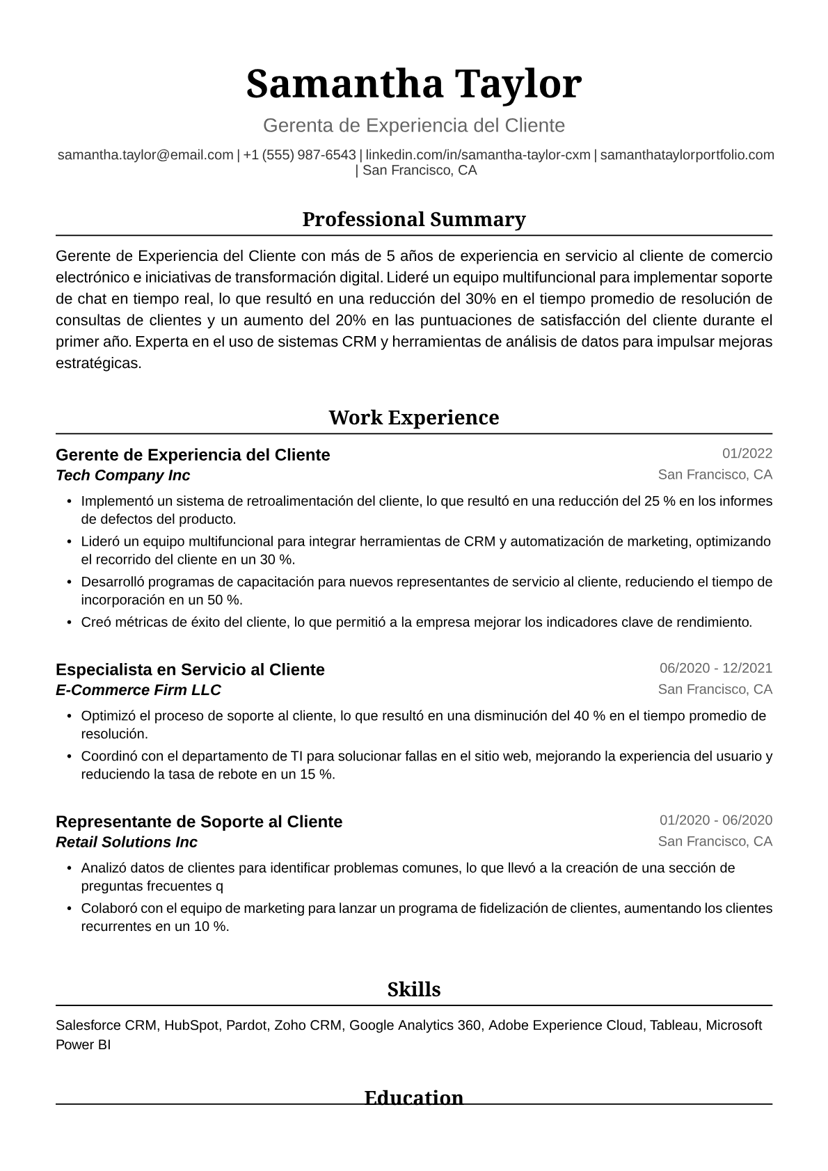 Ejemplo de Currículum de Gerenta de Experiencia del Cliente