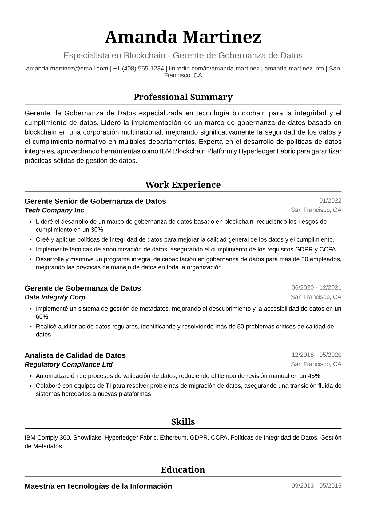 Ejemplo de Currículum Vitae de Gerenta de Gobernanza de Datos