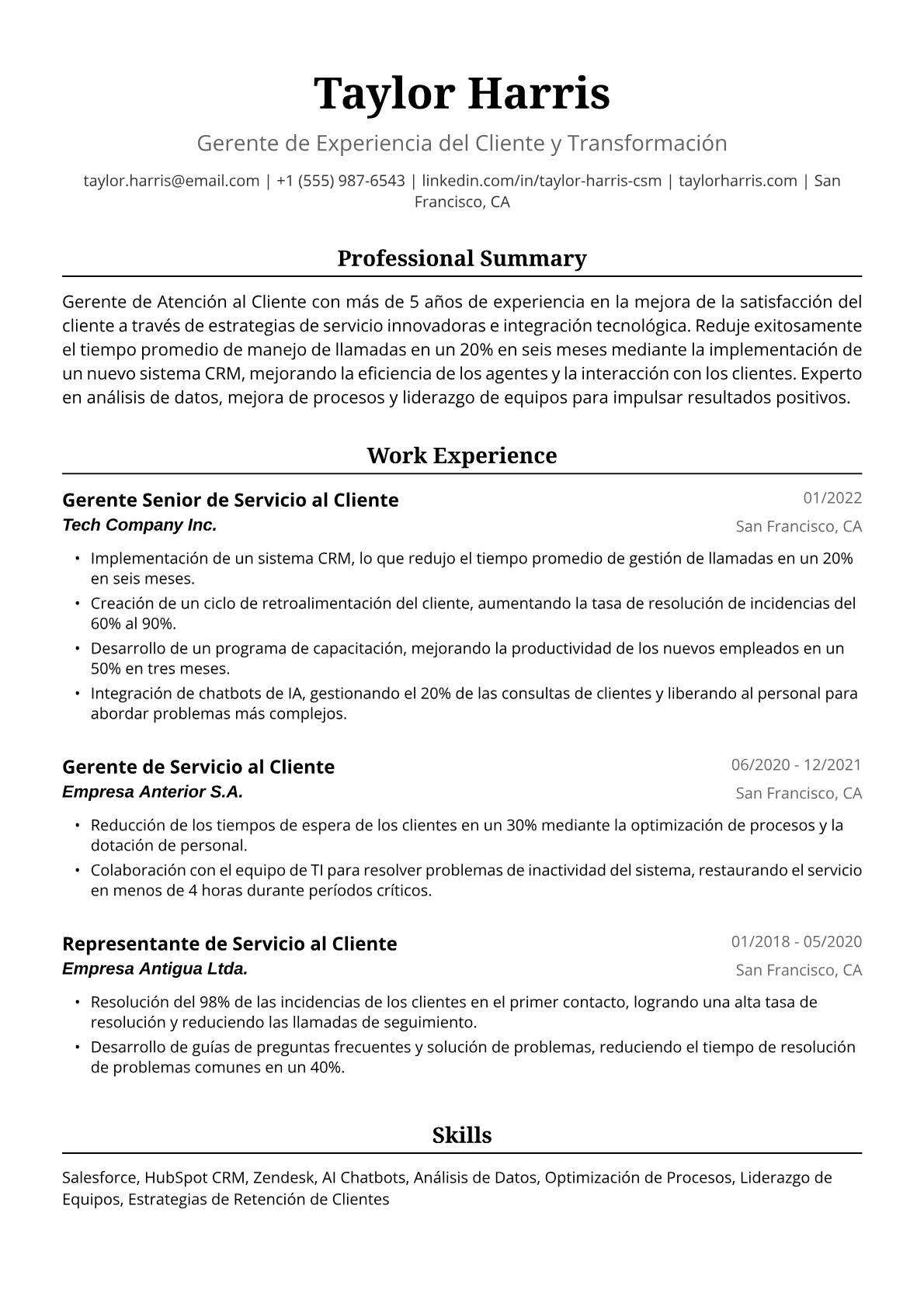 Ejemplo de Currículum de Gerente de Atención al Cliente