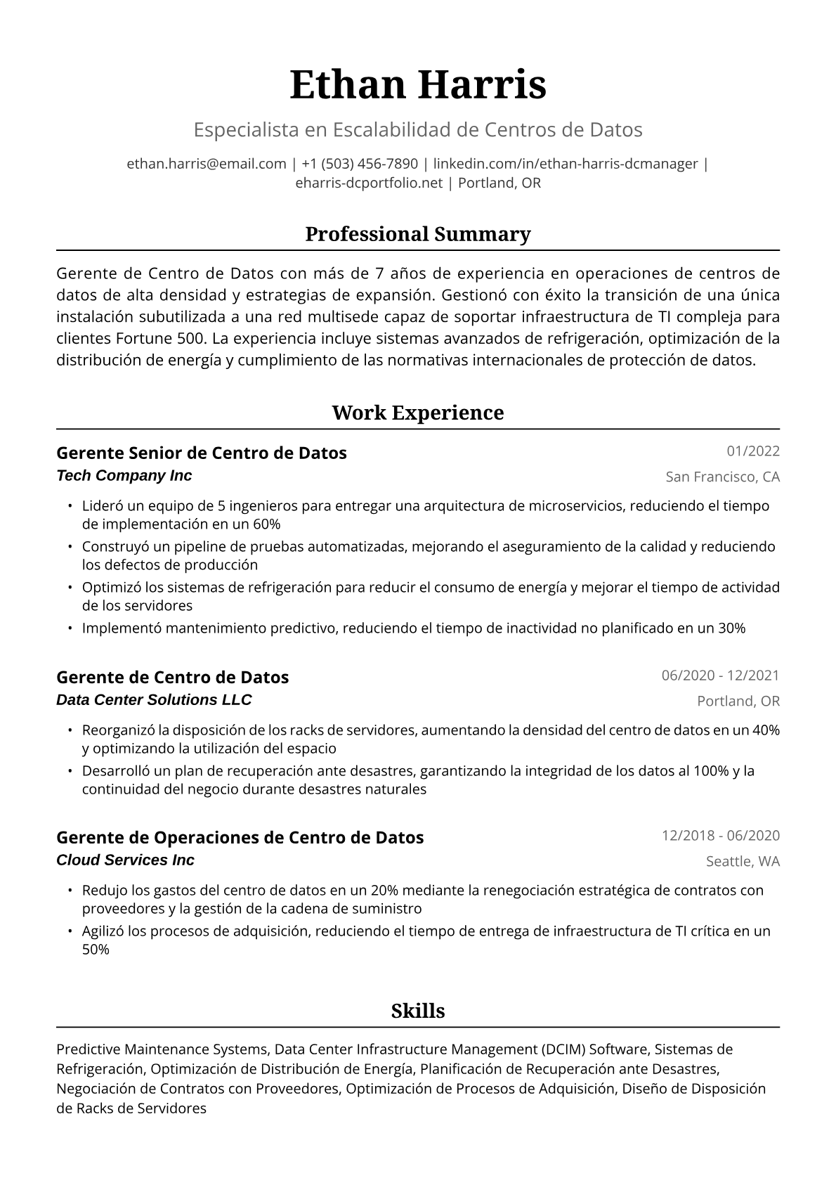 Ejemplo de Currículum para Gerente de Centro de Datos