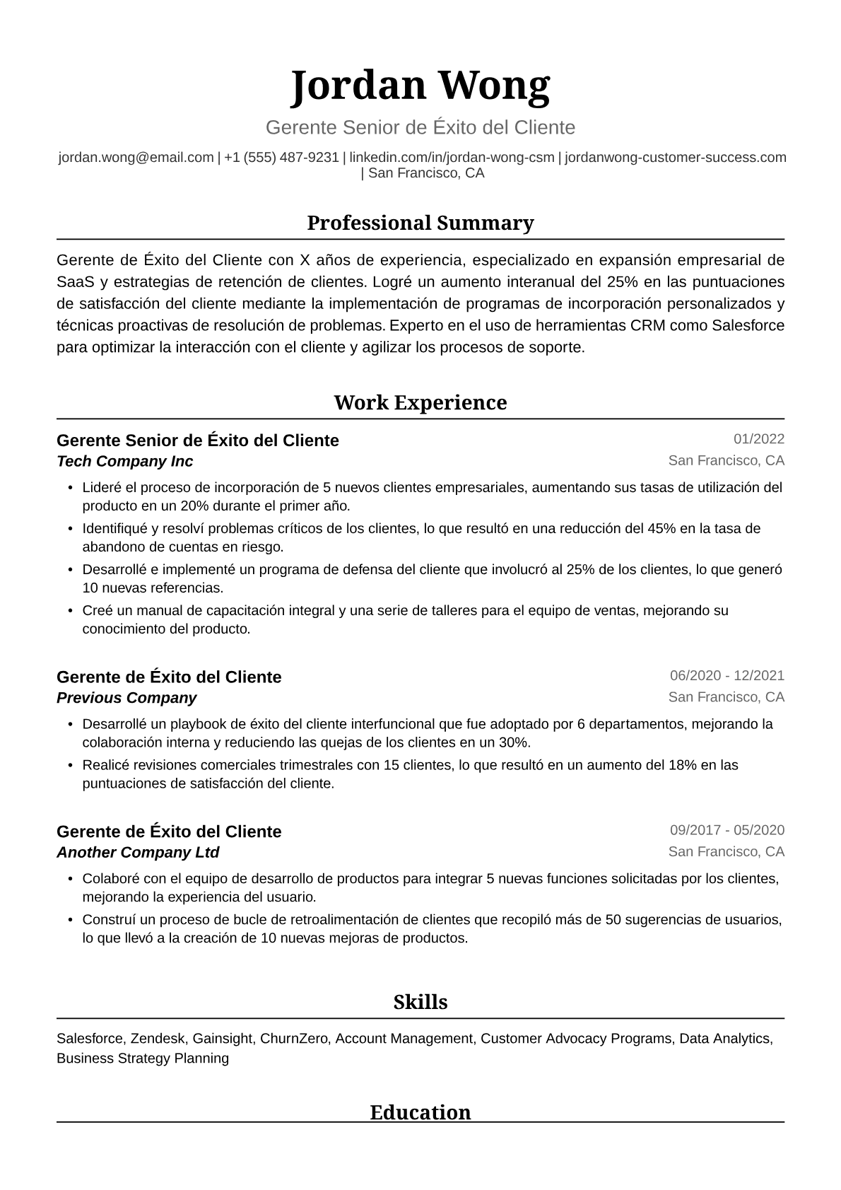 Ejemplo de Currículum Vitae de Gerente de Éxito del Cliente