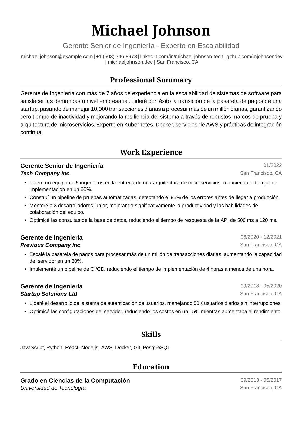 Ejemplo de Currículum de Gerente de Ingeniería