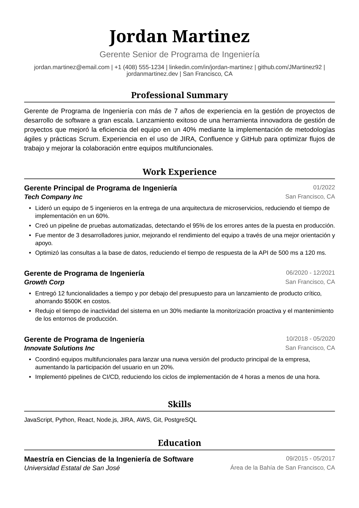 Ejemplo de Currículum de Gerente de Programa de Ingeniería