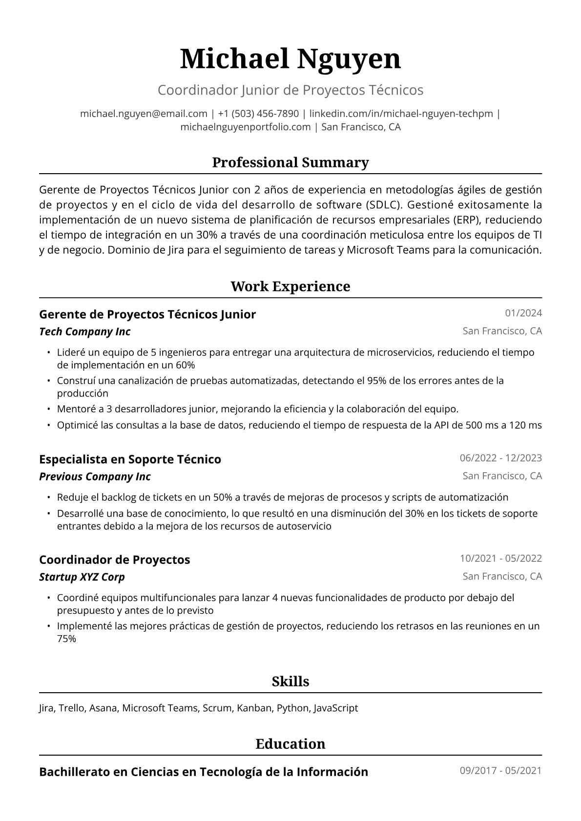 Ejemplo de Currículum de Gerente de Proyectos Técnicos Junior