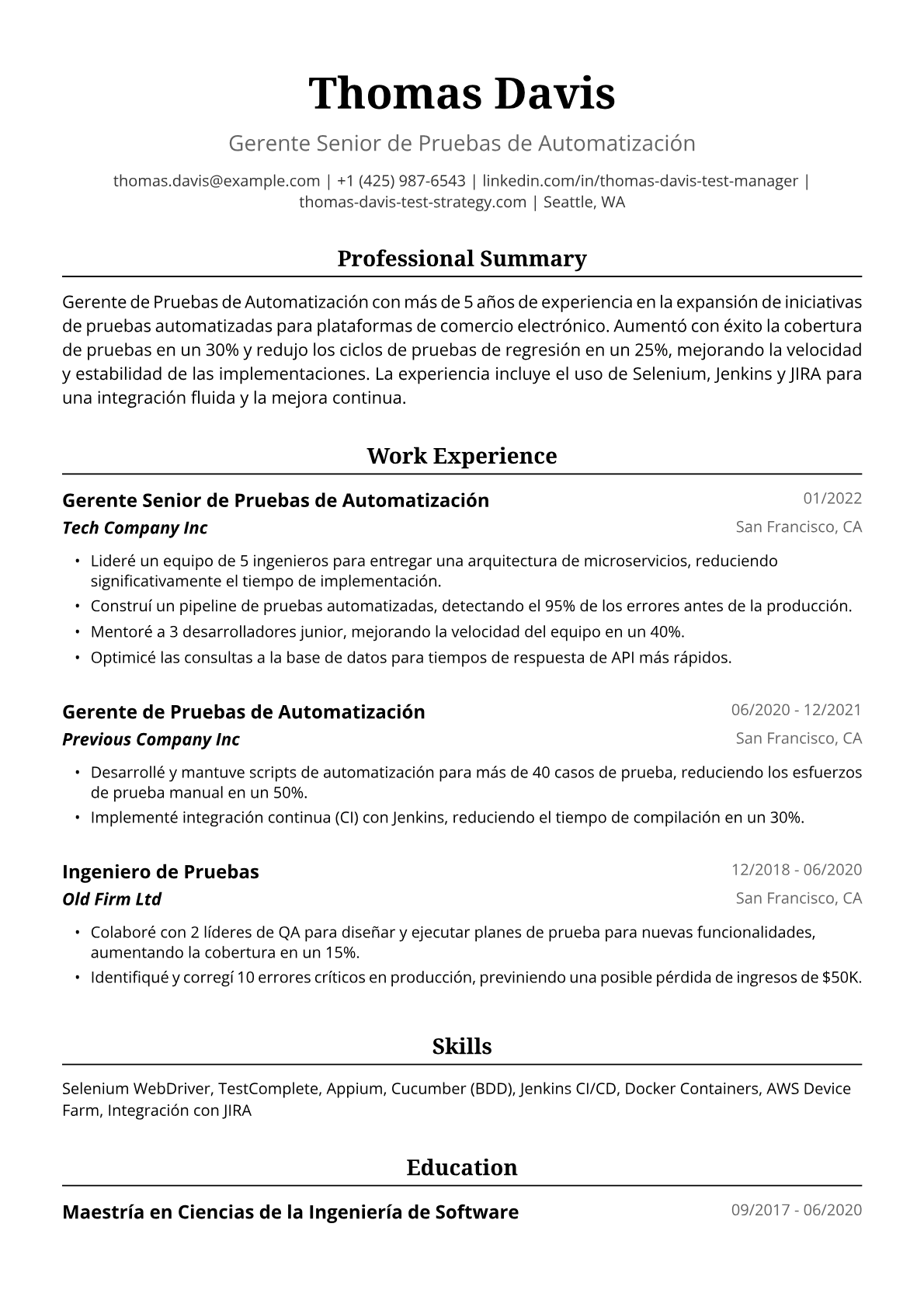 Ejemplo de Currículum de Gerente de Pruebas de Automatización