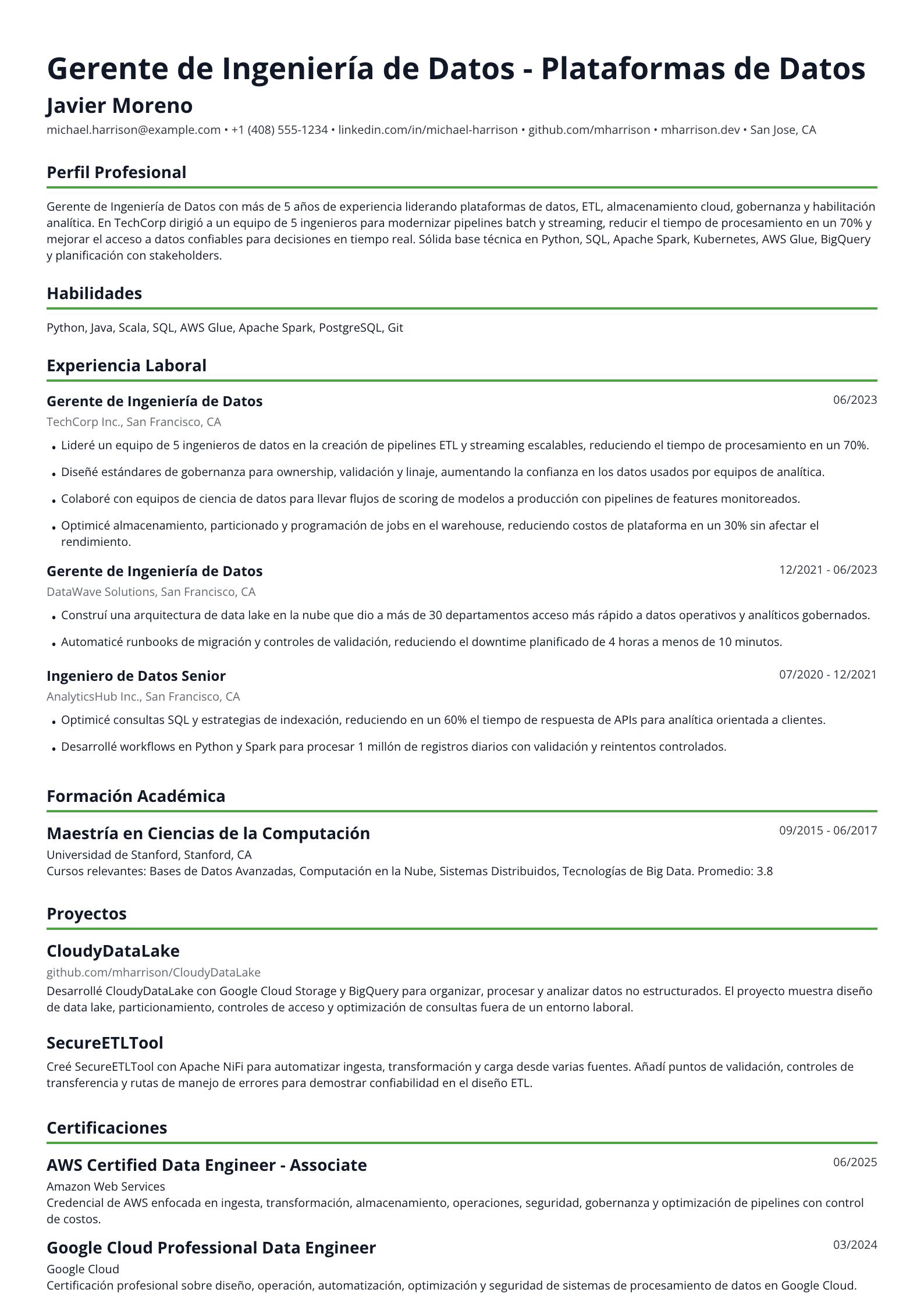 Gerente de Ingeniería de Datos