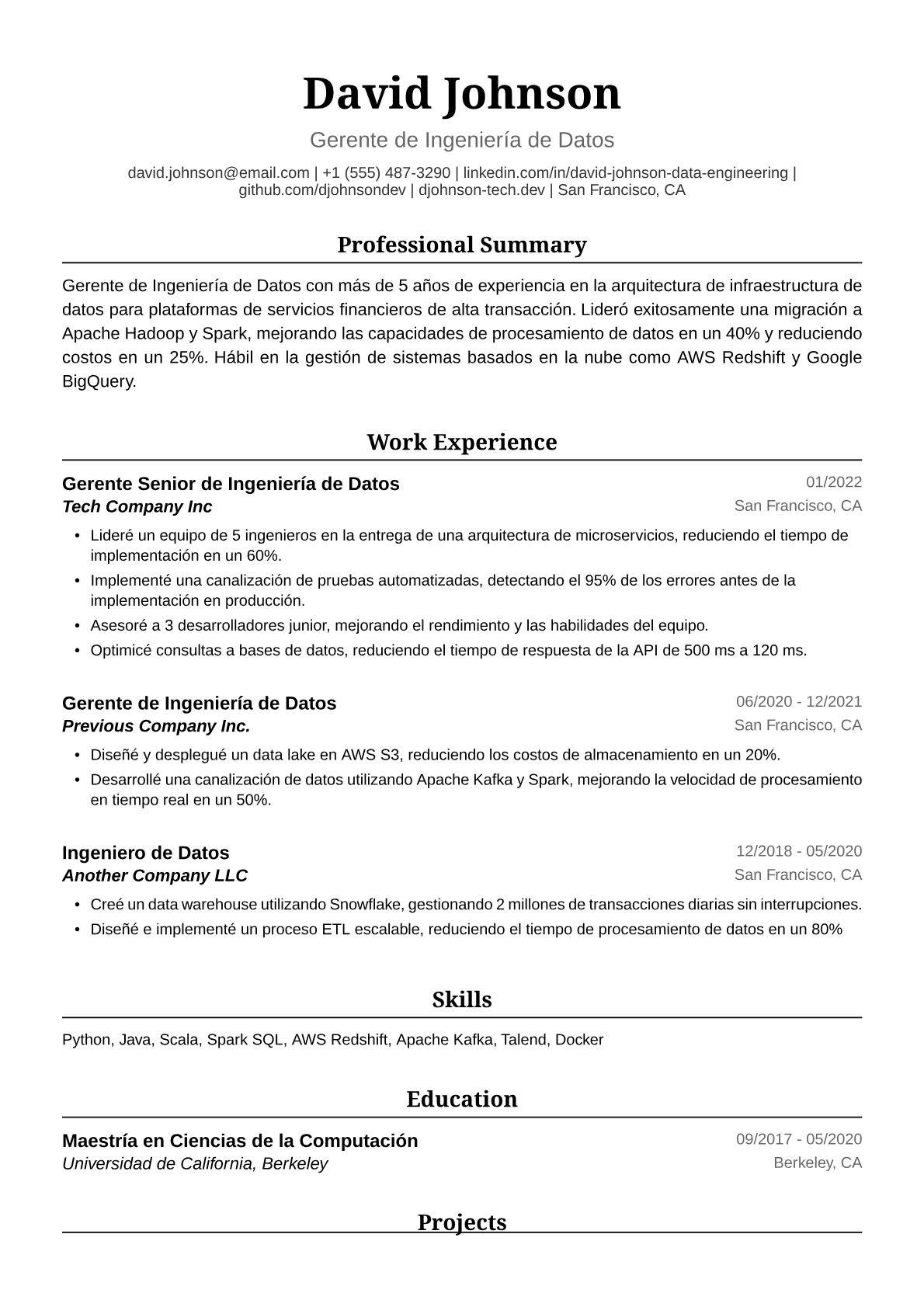 Ejemplo de Currículum de Gerente de Ingeniería de Datos