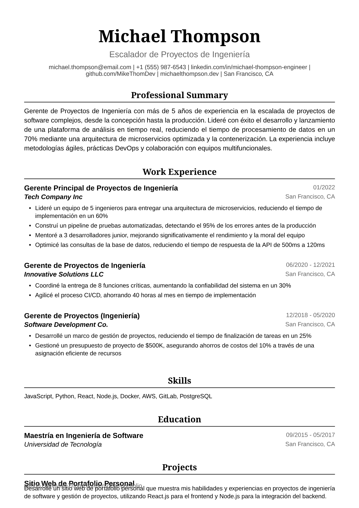 Ejemplo de Currículum de Gerente de Proyectos de Ingeniería