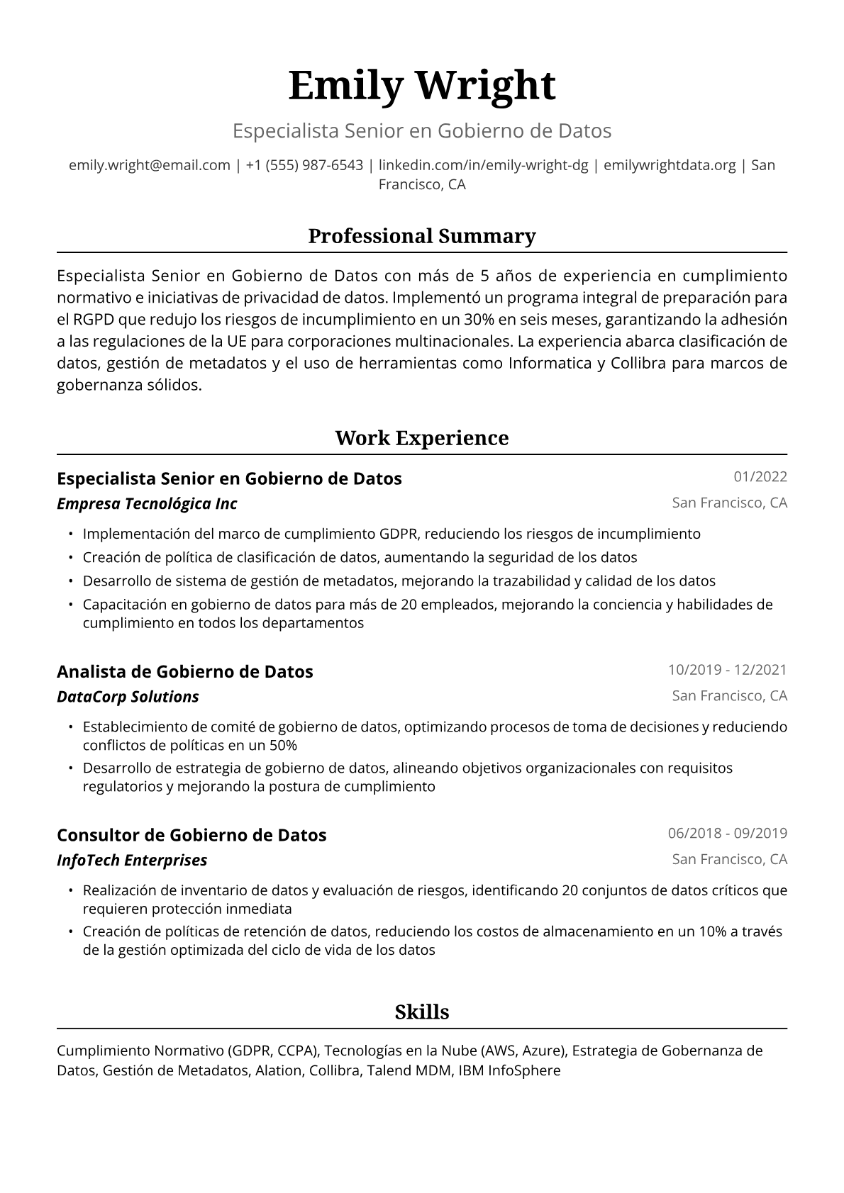 Ejemplo de Currículum de Gobierno de Datos