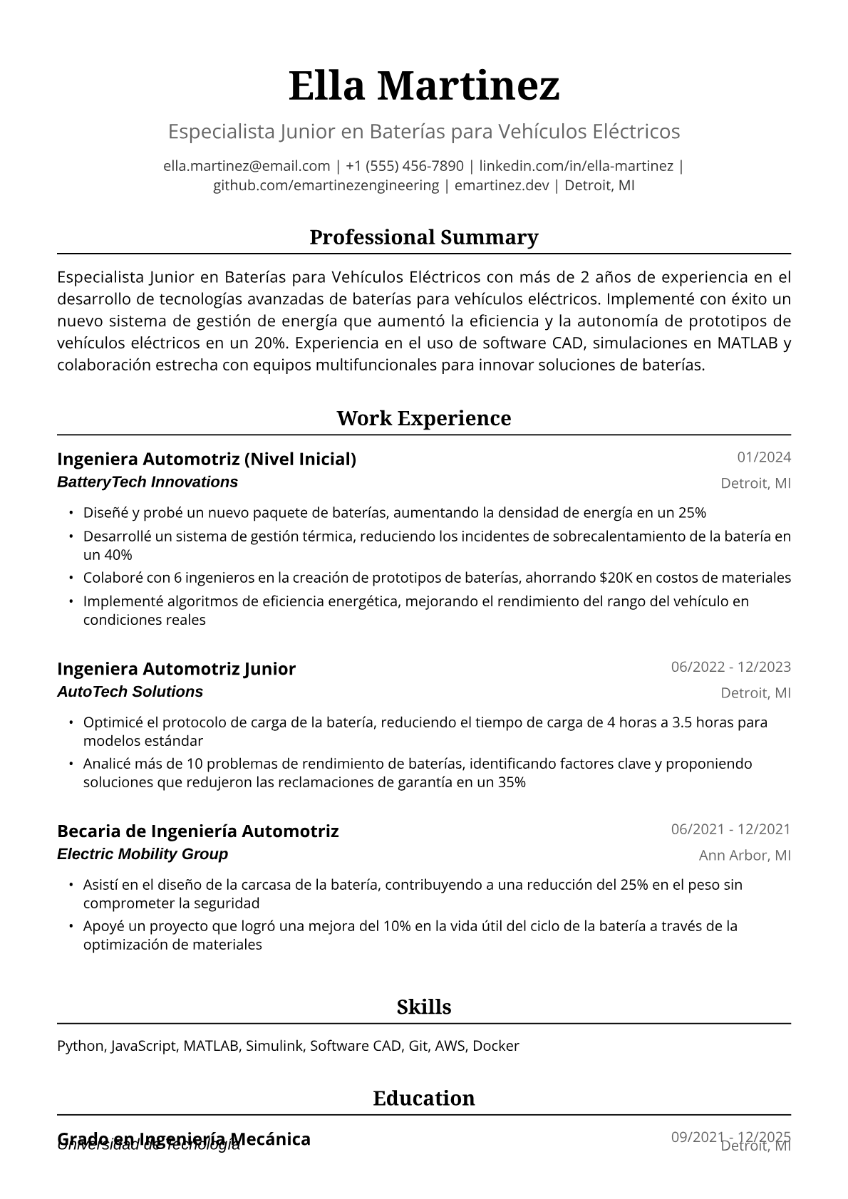 Ejemplo de Currículum para Ingeniera Automotriz Junior