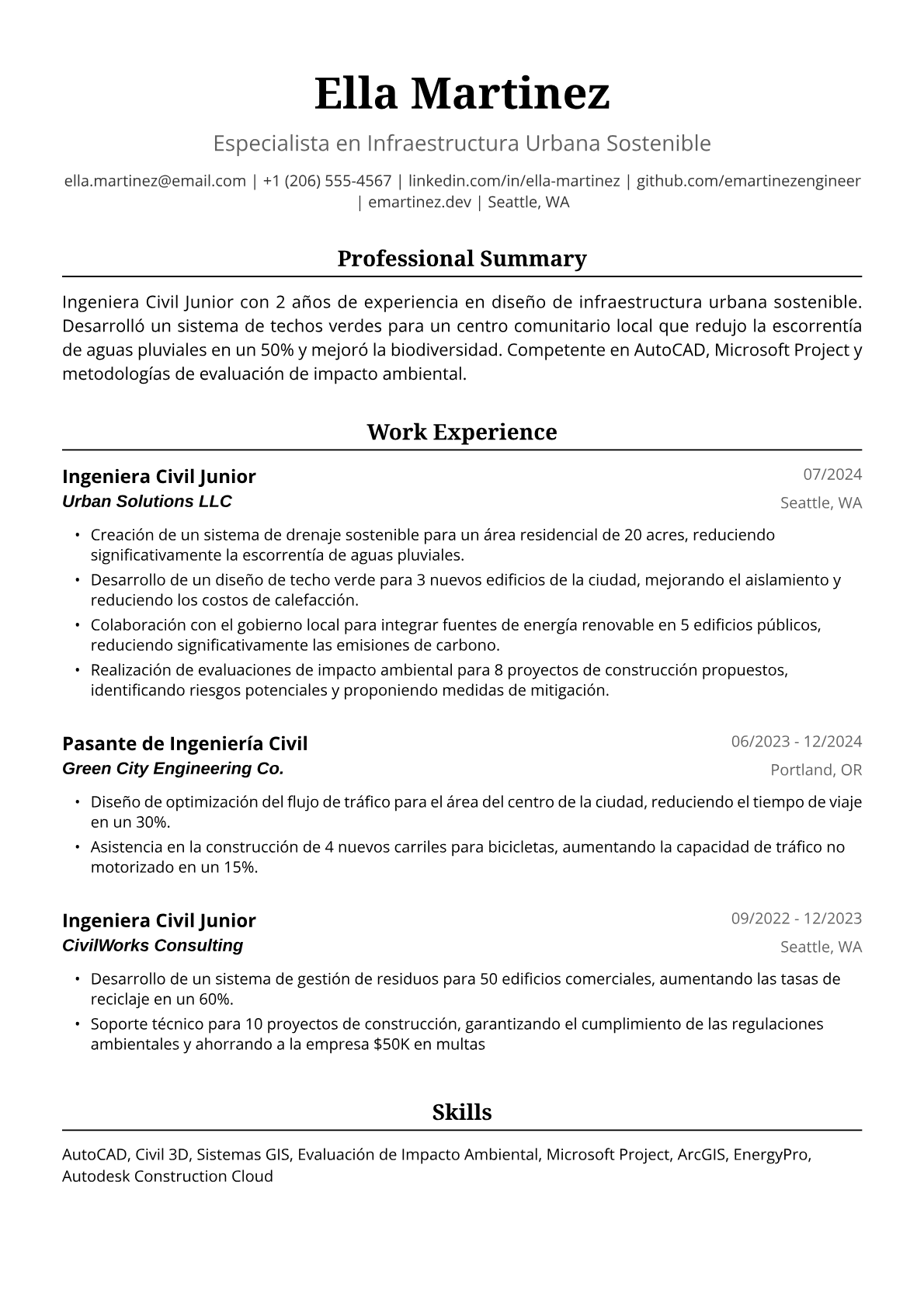 Ejemplo de Currículum para Ingeniera Civil Junior