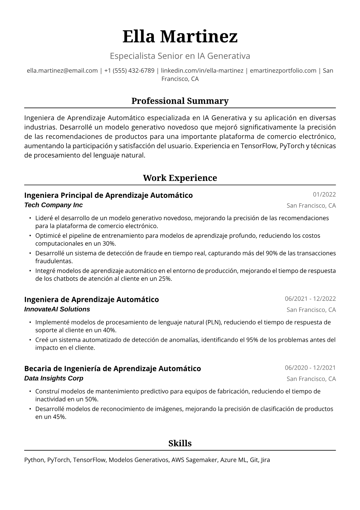 Ejemplo de Currículum para Ingeniera de Aprendizaje Automático