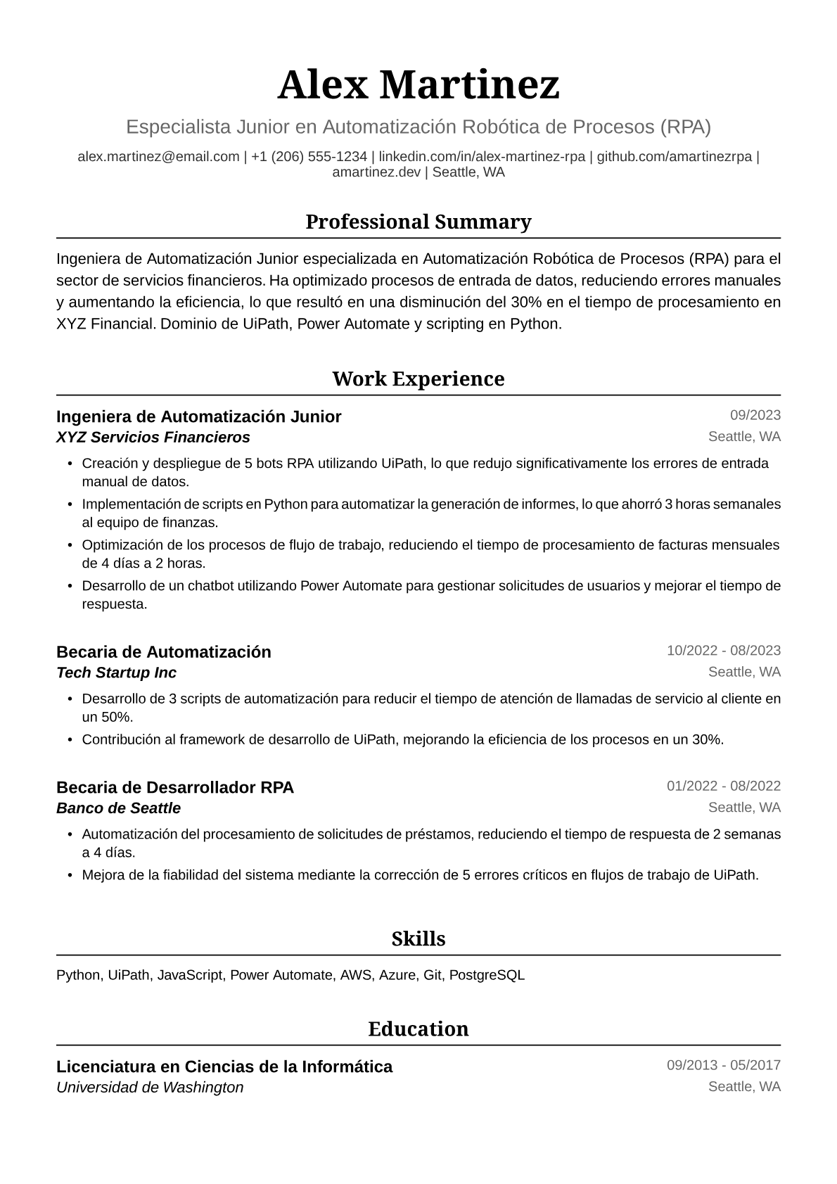 Ejemplo de Currículum para Ingeniera de Automatización Junior