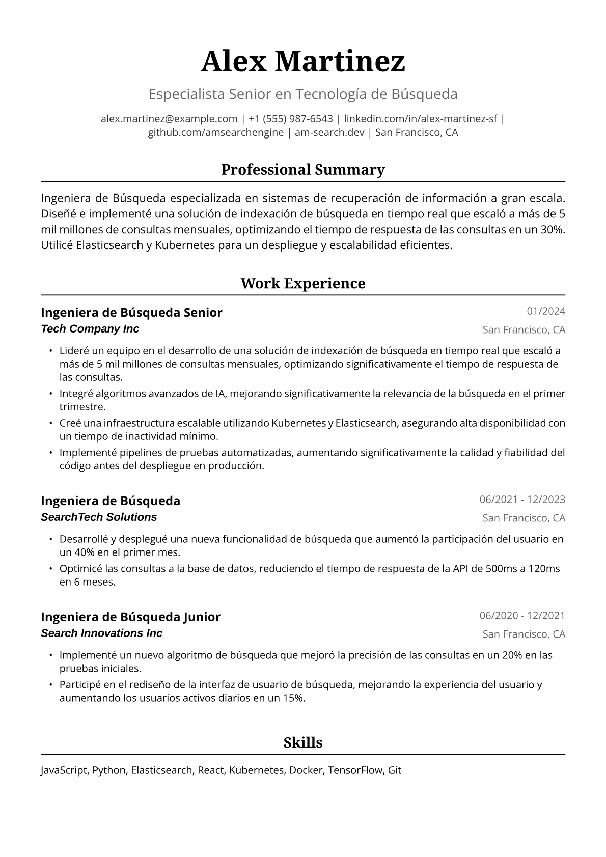 Ejemplo de Currículum de Ingeniera de Búsqueda
