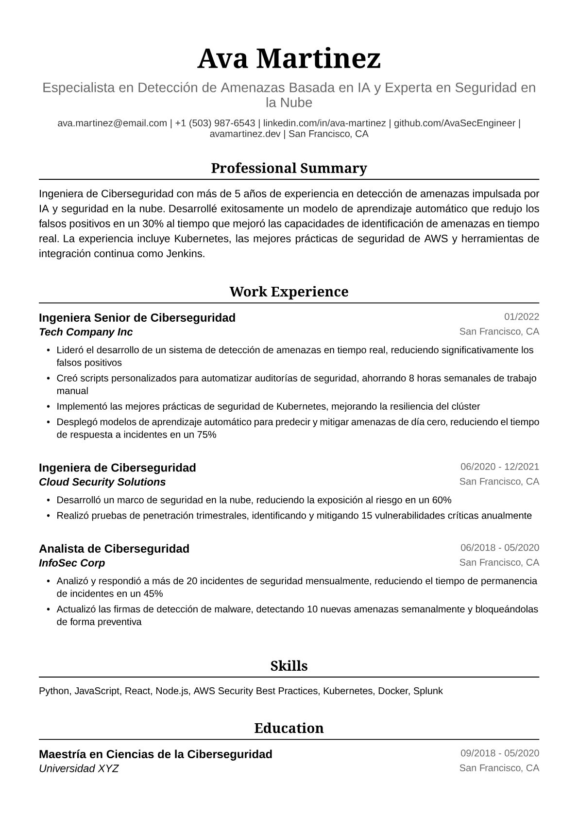 Ejemplo de Currículum de Ingeniera de Ciberseguridad