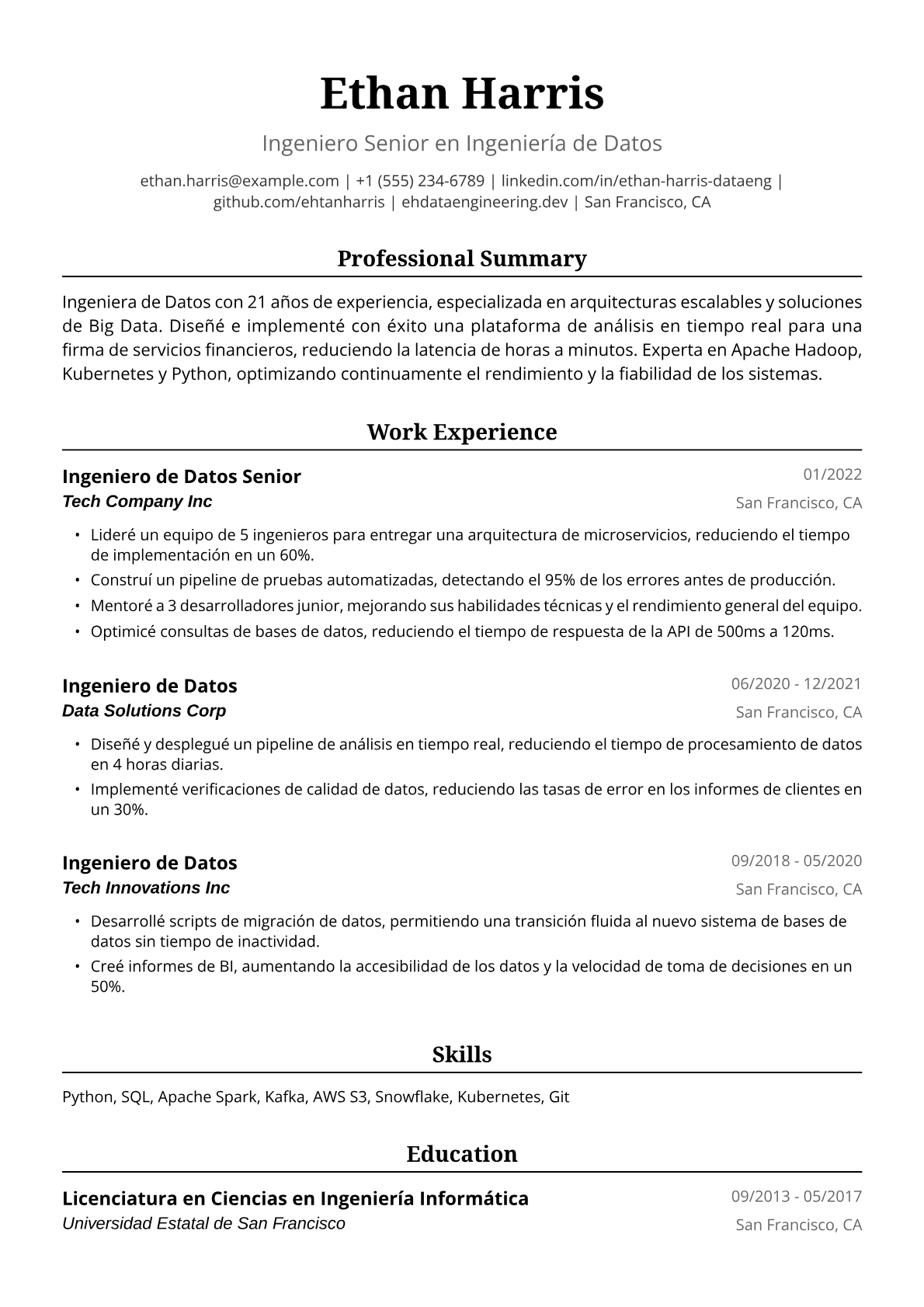 Ejemplo de Currículum de Ingeniera de Datos