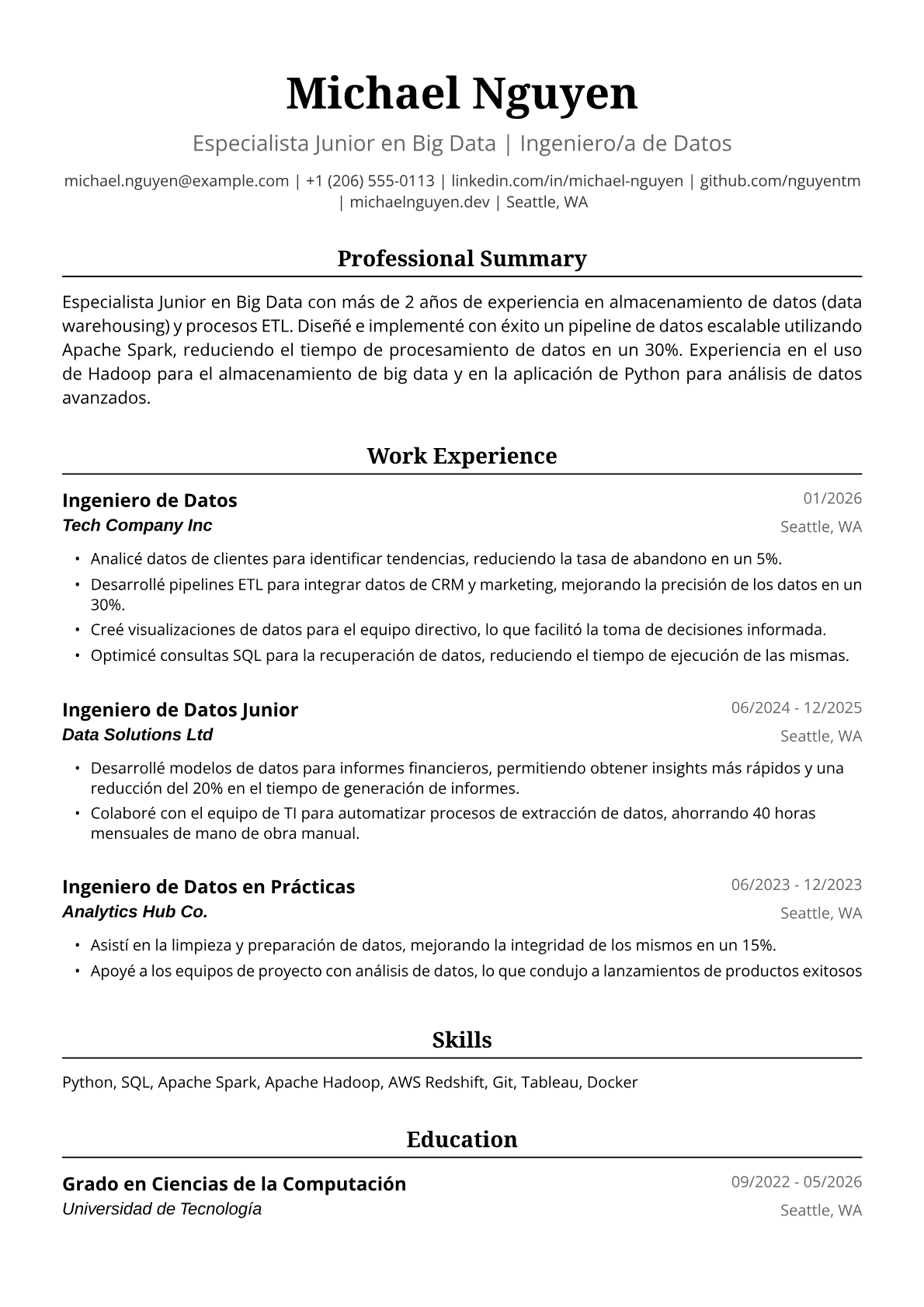 Ejemplo de Currículum de Ingeniera de Datos Junior