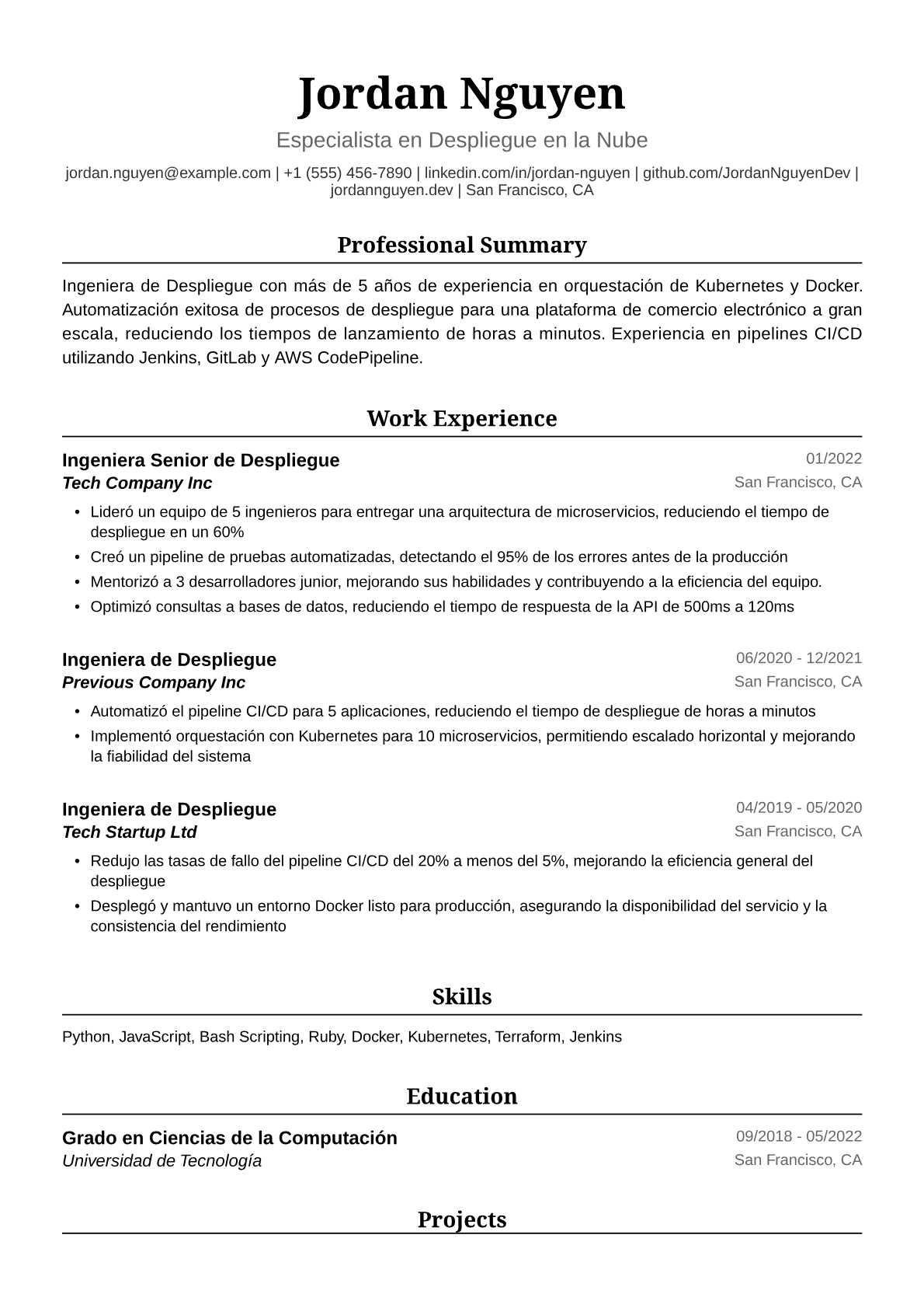 Ejemplo de Currículum de Ingeniera de Despliegue