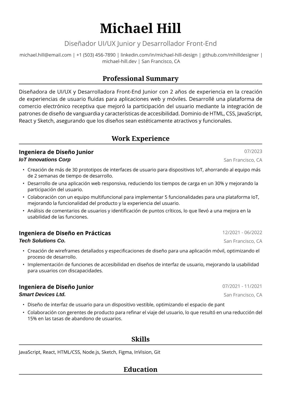 Ejemplo de Currículum para Ingeniera de Diseño Junior