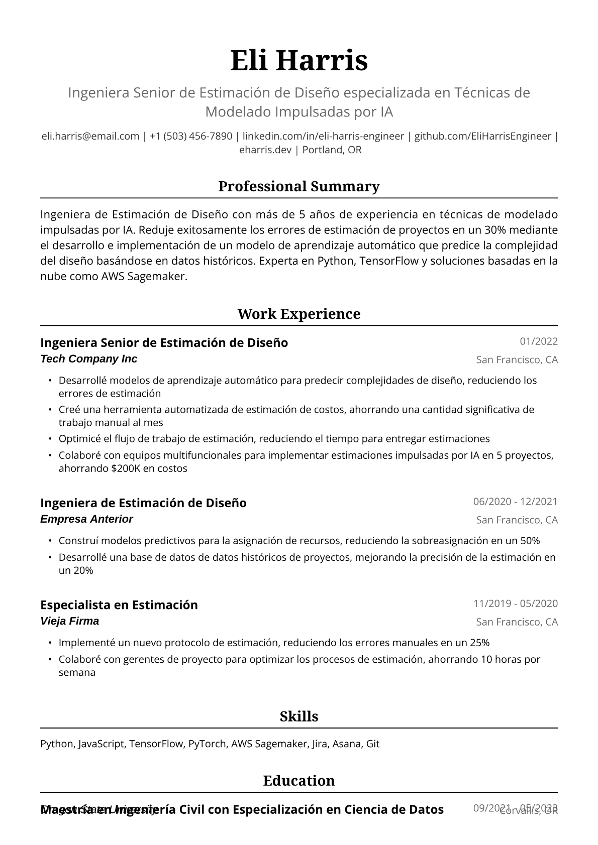 Ejemplo de Currículum para Ingeniera de Estimación de Diseño